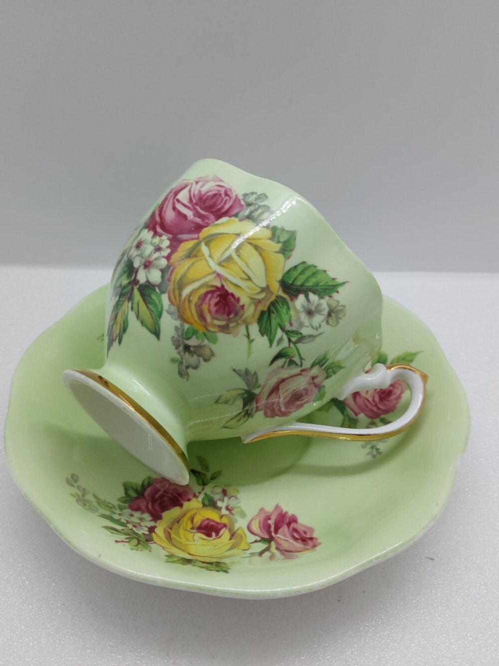 Vintage Queen Anne Tea Cup & Saucer Mint Green And Floral Design England